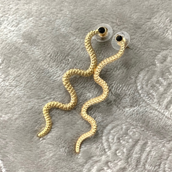 Gold Snake Black Jewel Drop Earrings - Picture 3 of 3